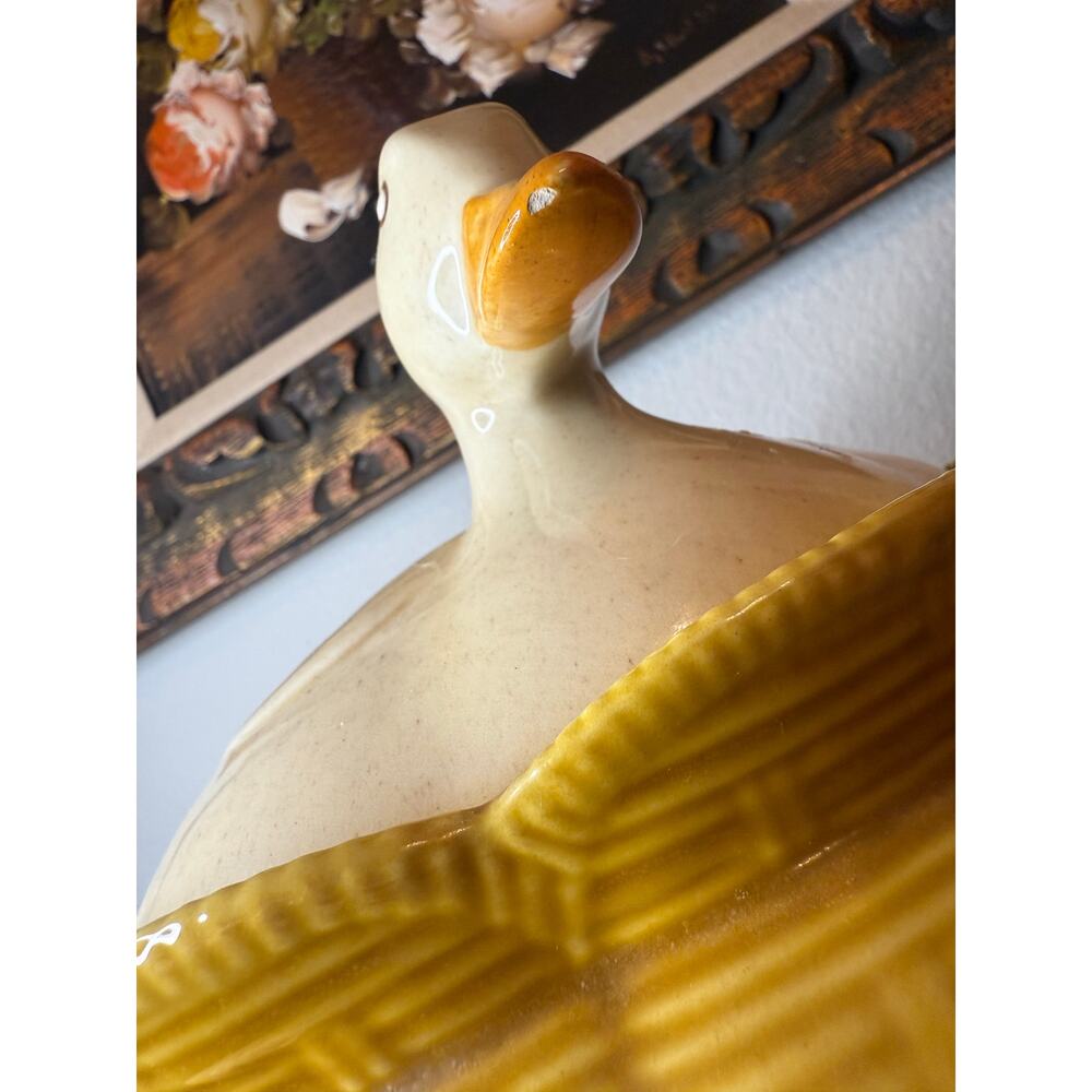 Vintage Los Angeles Pottery Duck on Nest Cookie Jar | Yellow Basketweave Ceramic - Picture 3 of 7